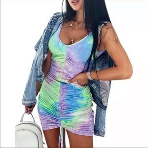 Women Tie-dye Sleeveless Vest Mini Dress Summer Ruched Bodycon Dresses Size M/L